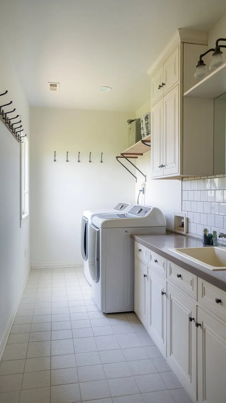 Laundry makeover complete! This white laundry room boasts a surprisingly spacious half bath combo, showcasing how a laundry bathroom combo can be both beautiful and practical.  The white laundry aesthetic is effortlessly chic, and the thoughtful design, including ample room storage DIY, makes laundry day a breeze.  This laundry room half bath combo is the perfect blend of form and function, offering laundry room inspiration for any homeowner.