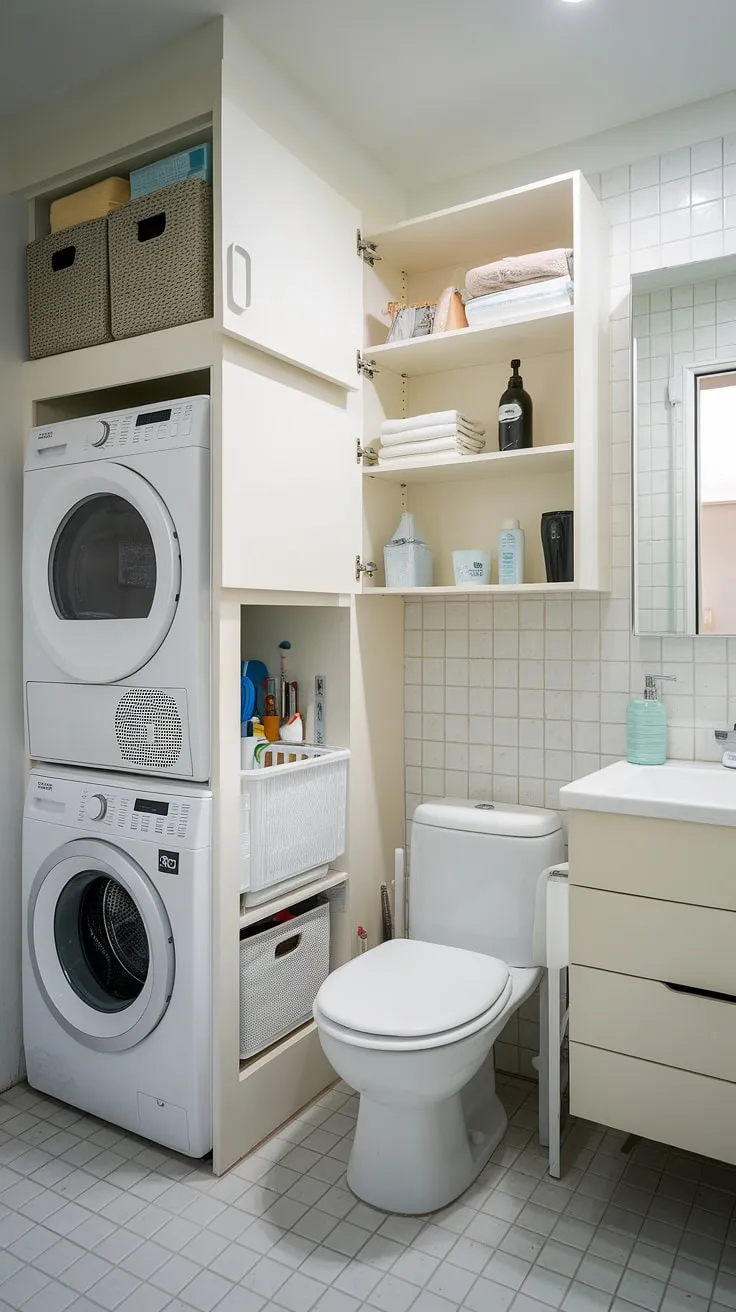 This laundry room half bath combo is the epitome of efficient design.  The white laundry appliances and crisp cabinetry create a bright, airy space, maximizing storage with clever DIY solutions.  This laundry renovation showcases how a small footprint can be transformed into a functional and stylish laundry bathroom combo, perfect for laundry room inspiration.  The addition of a small sink and ample room storage makes laundry day a breeze, keeping laundry powder and supplies neatly organized.