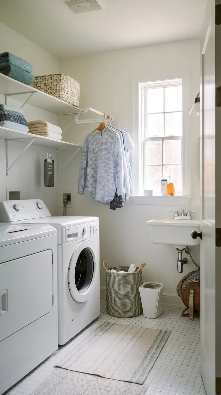 A laundry makeover doesn't get much better than this!  This bathroom laundry combo boasts a pristine white laundry room, showcasing smart room storage DIY ideas.  The efficient design of this laundry room half-bath combo proves that even small spaces can be stylish and functional.  The addition of a window brightens the space, making laundry day a little less of a chore.  This laundry bathroom combo is the perfect blend of practicality and aesthetic appeal.
