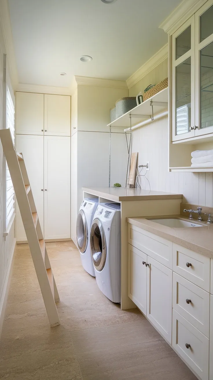 This laundry room half bath combo is the epitome of white laundry room perfection!  The laundry renovation resulted in a bright, functional space, maximizing storage with clever room storage DIY solutions.  Laundry powder is neatly tucked away, and the whole space feels like laundry room inspiration come to life.