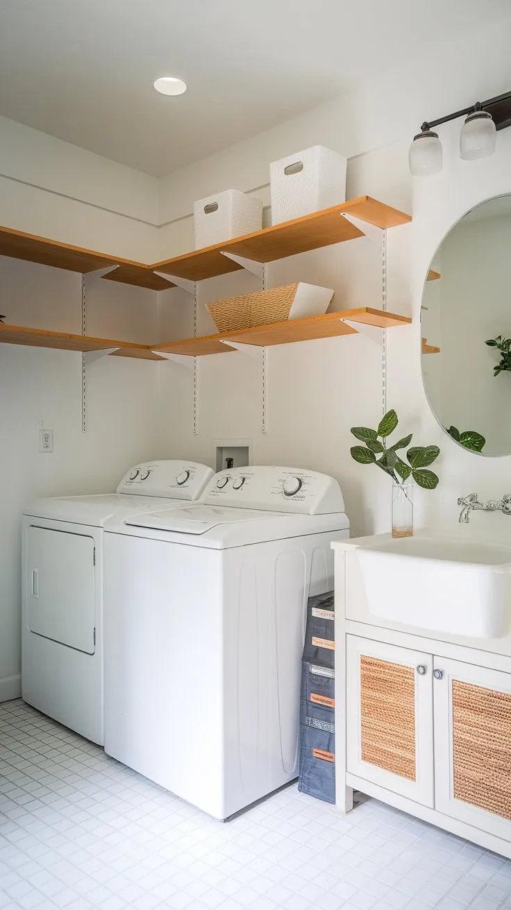 Transforming a small space into a haven of efficiency: this laundry bathroom combo showcases the possibilities of a laundry room half bath combo.  The white laundry room feels bright and airy, thanks to smart storage solutions and a calming color palette.  This laundry room inspiration is perfect for those seeking a laundry renovation or a laundry makeover, demonstrating how even DIY room storage can elevate a space. The addition of a small plant adds a touch of life to this functional white laundry area.