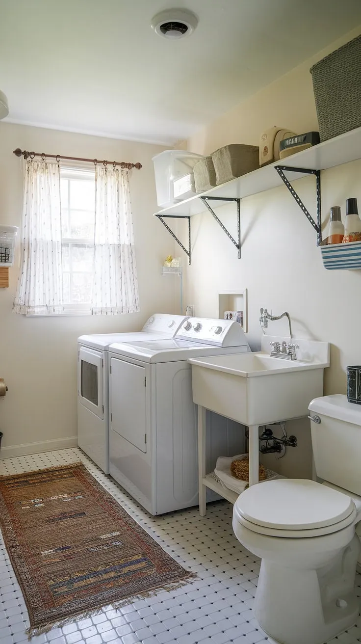 This white laundry room half bath combo is the ultimate space-saving solution!  Clever storage solutions, from the wall-mounted shelves to the shelf above the sink, maximize functionality.  This laundry renovation is a dream, showcasing how a laundry makeover can transform a small space into a bright and efficient laundry bathroom combo.  The perfect blend of practicality and style, this laundry room inspiration proves that even a laundry powder storage area can be chic.