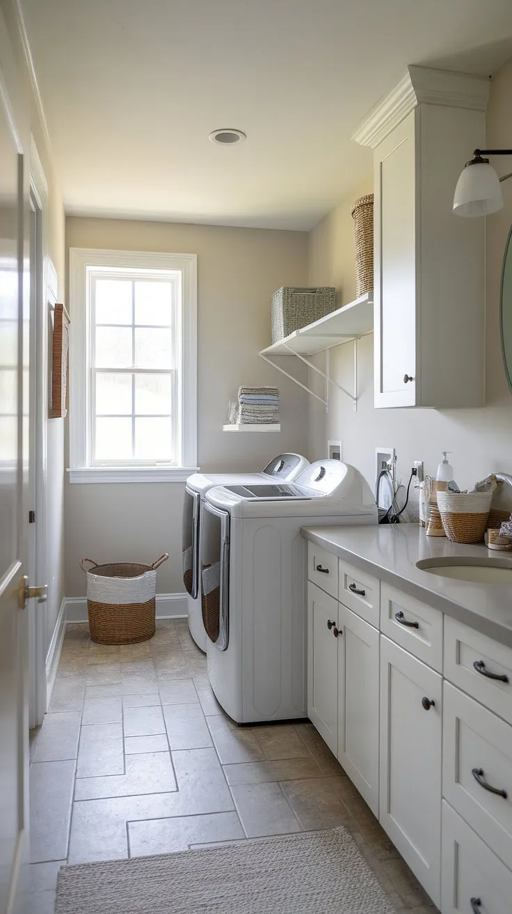 This laundry room half bath combo is the epitome of efficient design.  The white laundry room feels bright and airy, showcasing a successful laundry renovation and clever room storage DIY solutions.  The addition of a small sink and countertop makes this laundry bathroom combo incredibly practical, and the window adds a touch of unexpected charm.  A perfect blend of functionality and style, this laundry room inspiration is a dream come true.  Even the laundry powder finds its place!