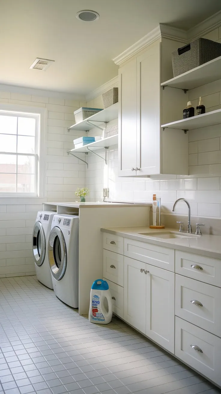 This white laundry room half bath combo is the ultimate laundry room inspiration.  The clever design maximizes space and functionality, showcasing a laundry renovation that's both stylish and practical.  Room storage DIY solutions keep everything organized, while the added convenience of a bathroom laundry combo is a game-changer.  Even the spilled laundry powder adds a touch of relatable charm.