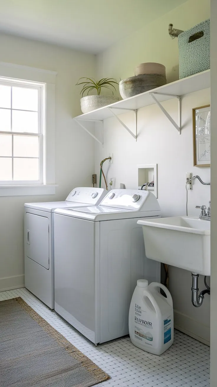 A laundry bathroom combo doesn't have to be cramped! This white laundry room makeover showcases how a laundry room half bath combo can be bright, airy, and incredibly efficient.  The added shelf provides essential room storage DIY, while the overall aesthetic offers plenty of laundry room inspiration for your own renovation.