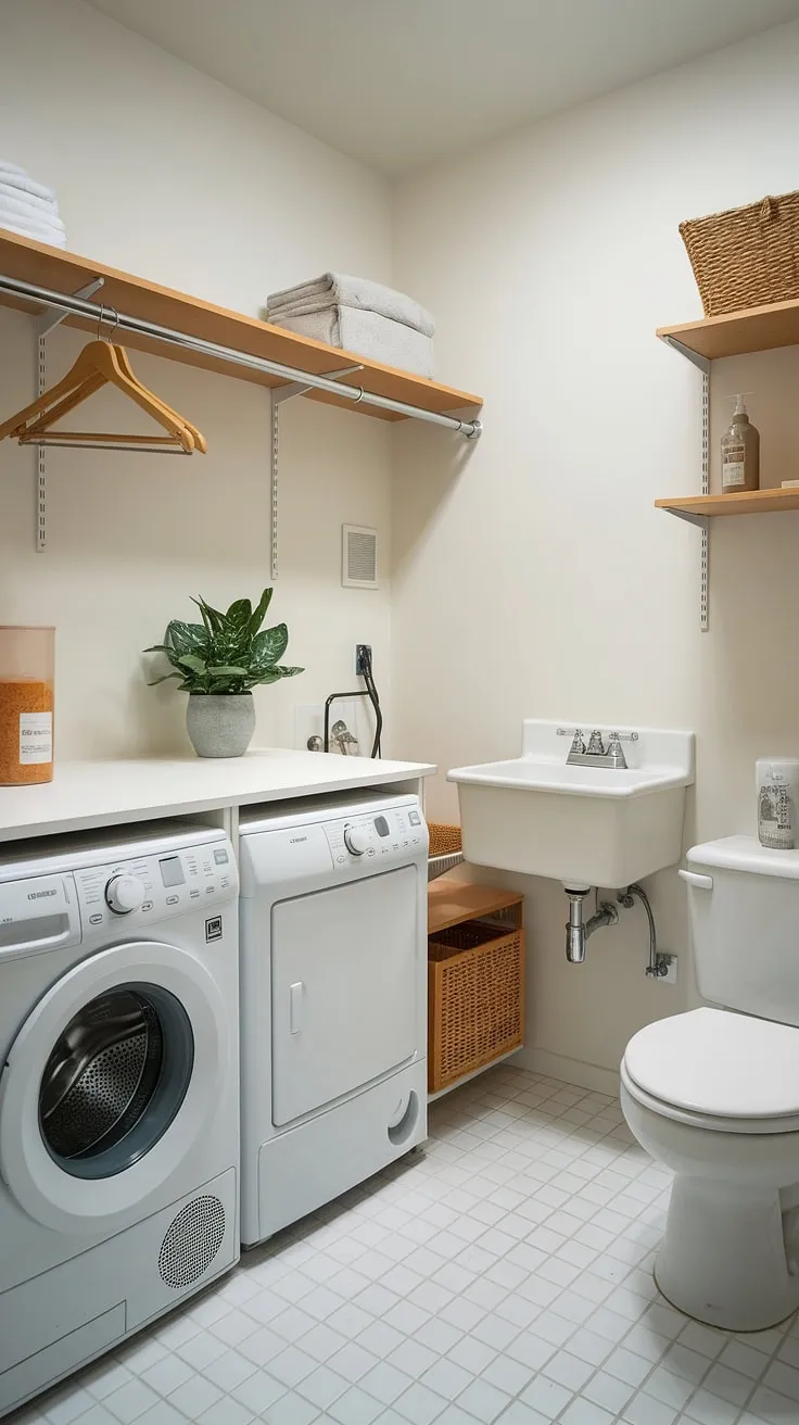 Laundry makeover complete! This bright white laundry room boasts a surprisingly spacious laundry bathroom combo, showcasing how a thoughtful design can transform a small space.  The addition of a half-bath makes this laundry room the ultimate convenience.  Clever room storage DIY, including wooden shelves and a hanging rod, keeps everything organized.  The perfect blend of practicality and style, this laundry room inspiration is a testament to the power of a well-planned laundry renovation.