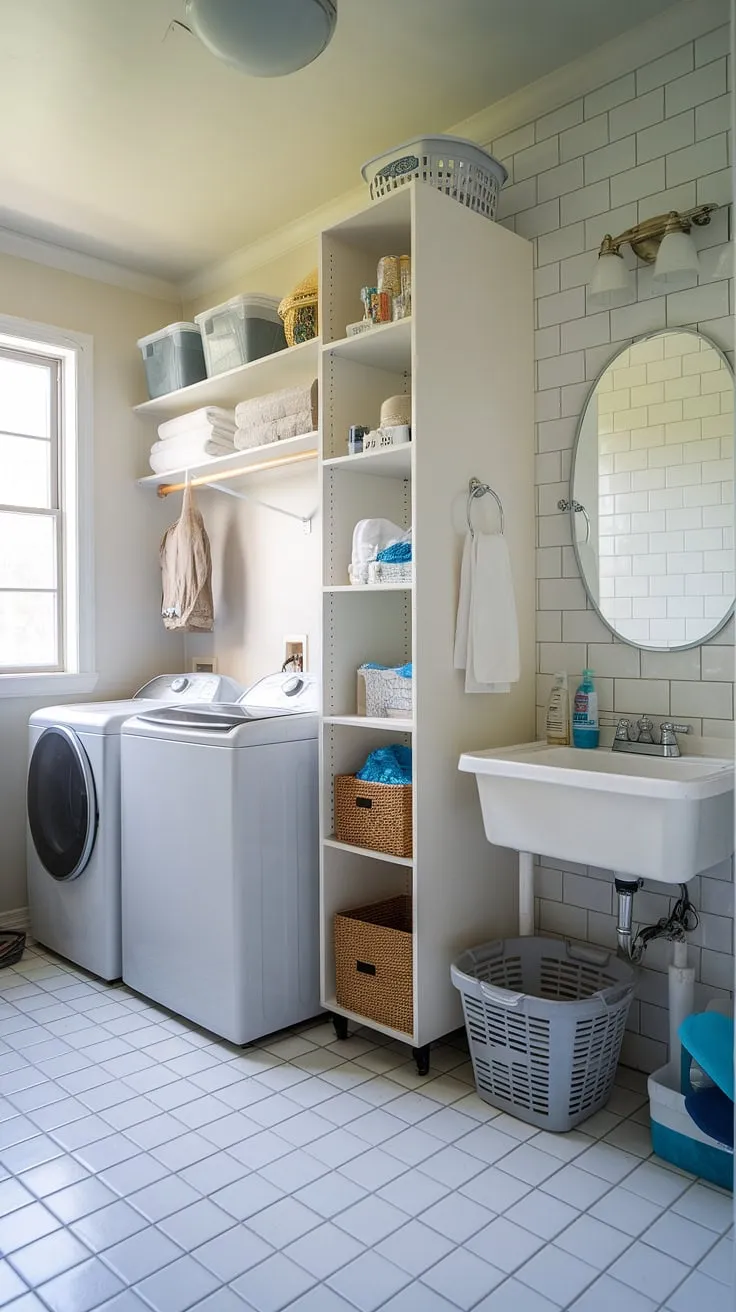 Achieve laundry room inspiration with this stunning laundry bathroom combo.  The white laundry room is a dream come true, showcasing a seamless blend of functionality and aesthetics.  This laundry renovation proves that even a small space can be transformed into a highly efficient bathroom laundry combo, complete with ample storage and a bright, airy feel.  The clever use of space and thoughtful organization makes this a true laundry room makeover success story.