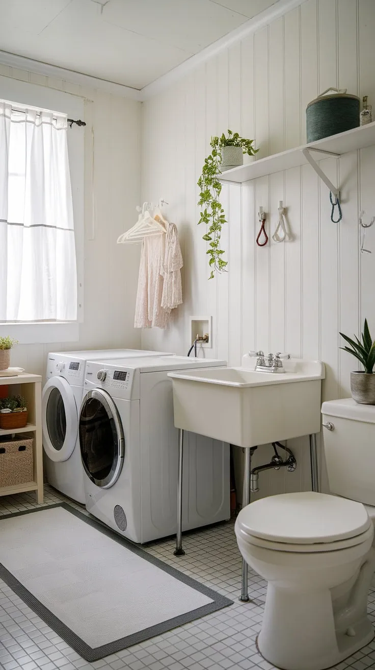 A laundry bathroom combo doesn't have to be cramped! This laundry makeover showcases how a laundry room half bath combo can be both beautiful and practical.  The white laundry theme creates a sense of spaciousness, while smart storage solutions maximize every inch.  This laundry room inspiration is perfect for those seeking a clean, organized space.  The DIY room storage and thoughtful placement of items, like the laundry powder, make this a truly functional and aesthetically pleasing laundry renovation.