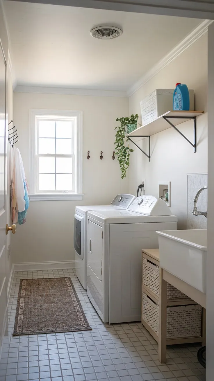 This white laundry room half bath combo is the ultimate laundry room inspiration!  The laundry renovation transformed this space into a functional and stylish haven, complete with clever room storage DIY solutions and a pop of green.  Efficient use of space makes this laundry bathroom combo a dream, showcasing how a little laundry makeover can go a long way.  The floating shelf perfectly holds laundry powder and a plant, adding a touch of charm to this white laundry space.