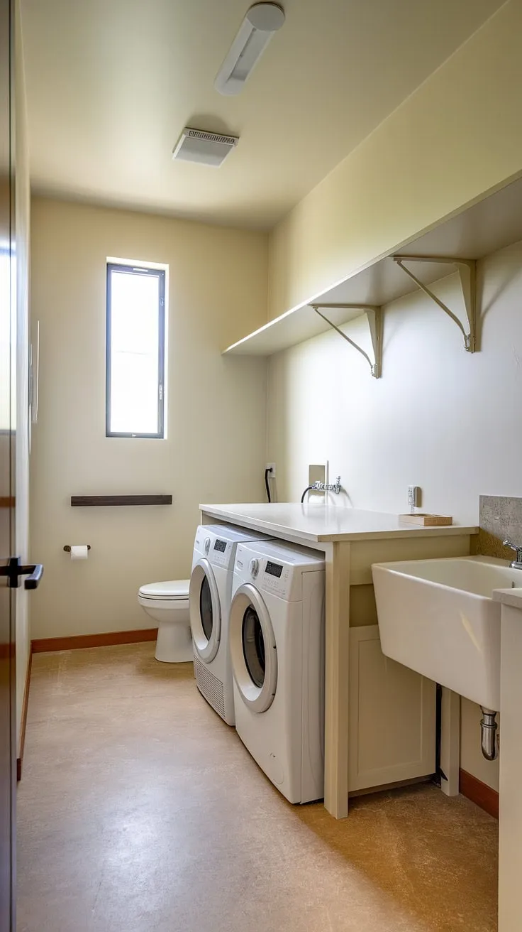 Laundry bathroom combo goals! This white laundry room makeover seamlessly blends practicality and style.  The efficient design, including a built-in cabinet and wall hook, offers ample storage.  This laundry room inspiration showcases how a little creativity can transform a small space into a functional and aesthetically pleasing laundry bathroom combo.