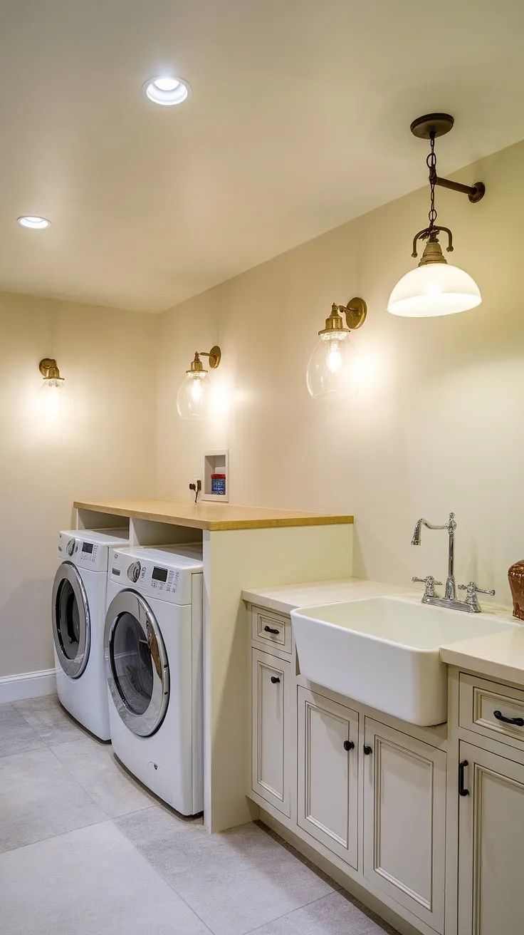 This laundry room's bright lights transform a chore into a cheerful task.  The combination of laundry room recessed lighting, laundry room pendant lights, and laundry room wall lights, all featuring energy-efficient laundry room LED lights, creates the perfect ambiance.  Smart laundry room fixtures and carefully chosen laundry room light bulbs ensure optimal illumination for every task, from sorting clothes to tackling stains.