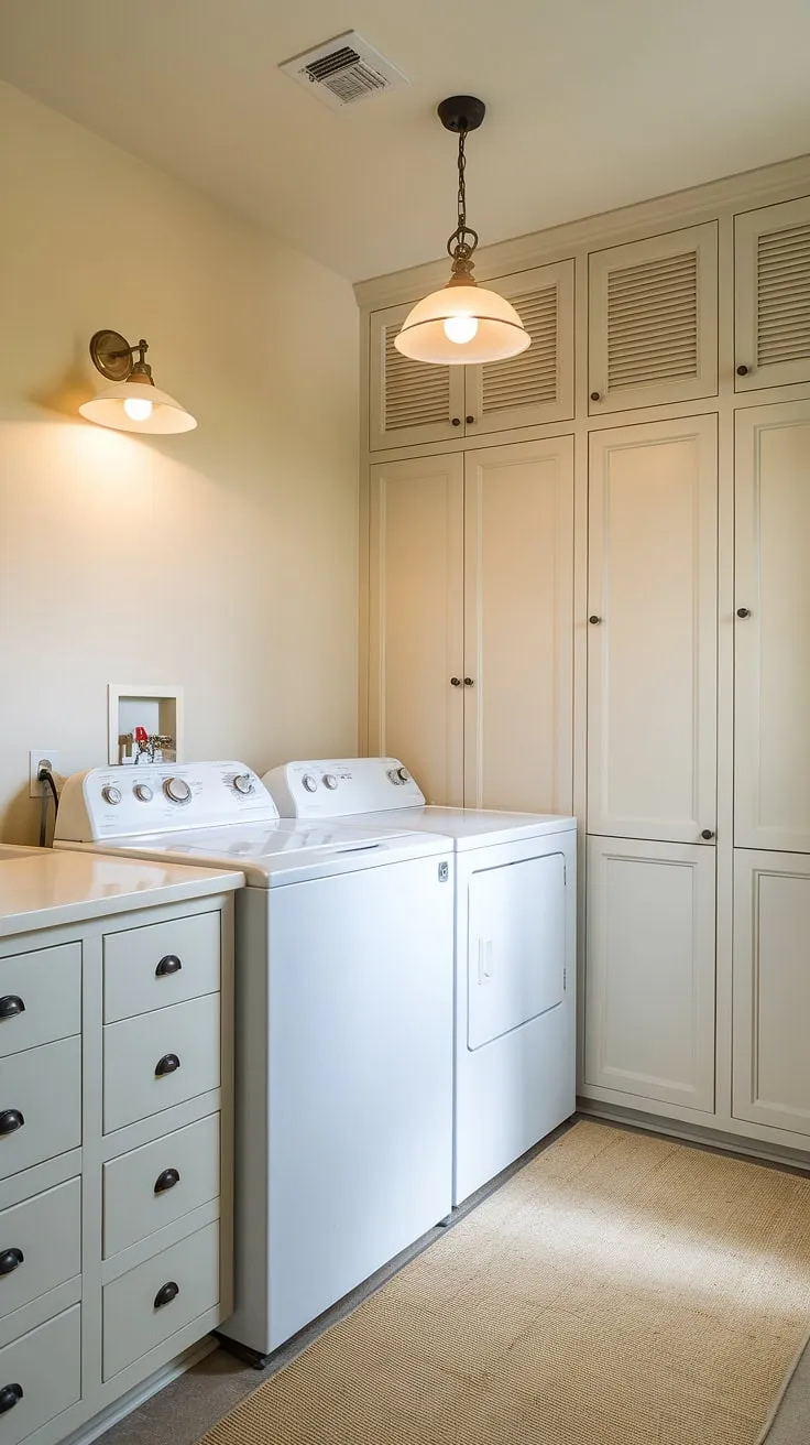 Brighten your laundry day!  This laundry room's design showcases the perfect blend of functionality and style.  The warm beige walls and cabinetry are beautifully complemented by the strategic use of laundry room lighting, including a stunning pendant light above the white washer and dryer, and subtle wall lights.  The laundry room light fixtures, including the LED bulbs, create a bright and inviting atmosphere, making chores feel less like a chore.  The thoughtful placement of laundry room ceiling lights and overall laundry room bright lights ensures every task is illuminated perfectly.  Even the laundry room recessed lighting is considered, creating a cohesive and well-lit space.