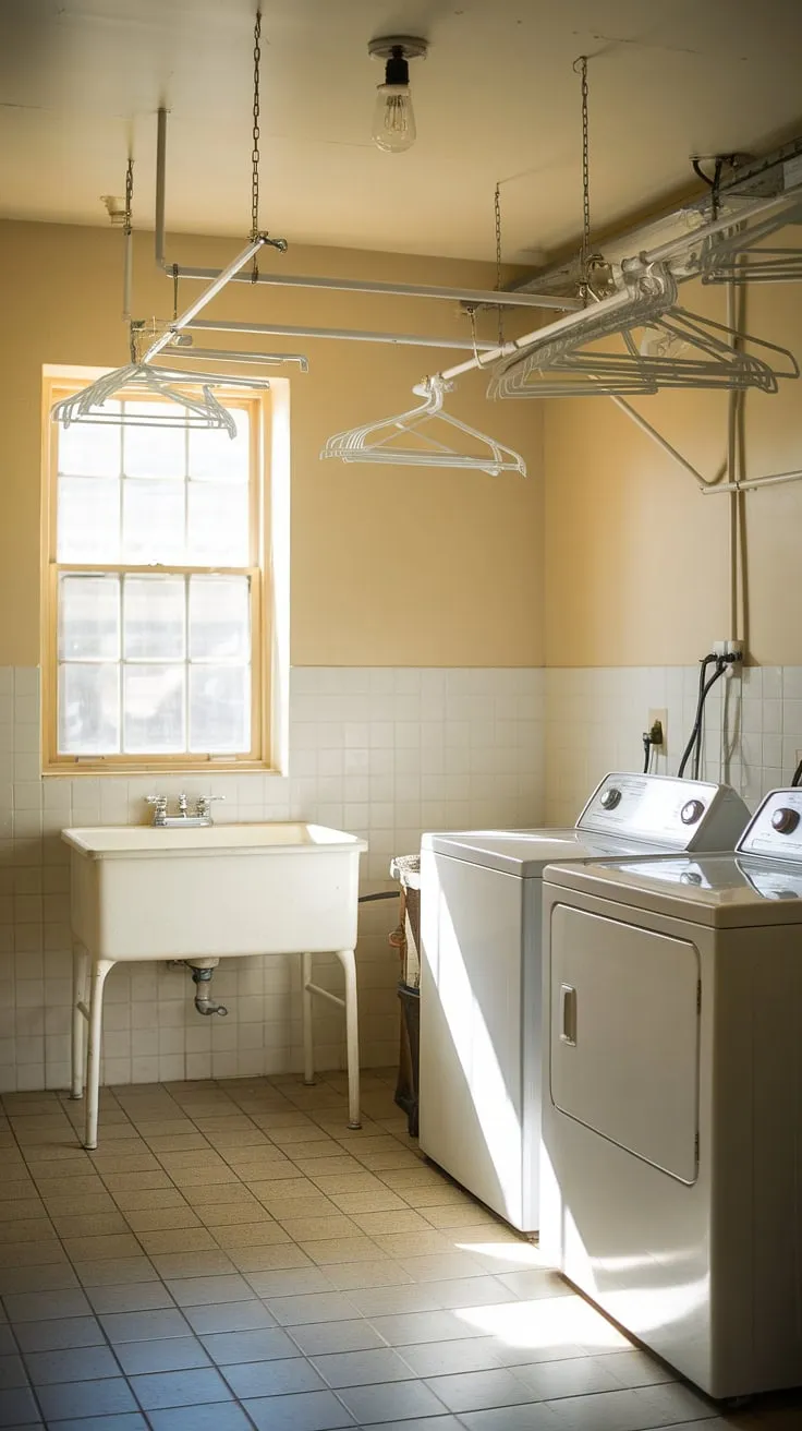 Sunlight streams through the window above the laundry sink, illuminating this bright and airy space.  The warm glow of the laundry room pendant lights complements the efficient laundry room recessed lighting, showcasing the gleaming laundry room fixtures and perfectly highlighting the freshly laundered clothes hanging from the lines.  The strategic placement of the laundry room wall lights and the overall laundry room lighting design creates a functional and inviting atmosphere.  Even the choice of laundry room light bulbs contributes to the room's cheerful ambiance.