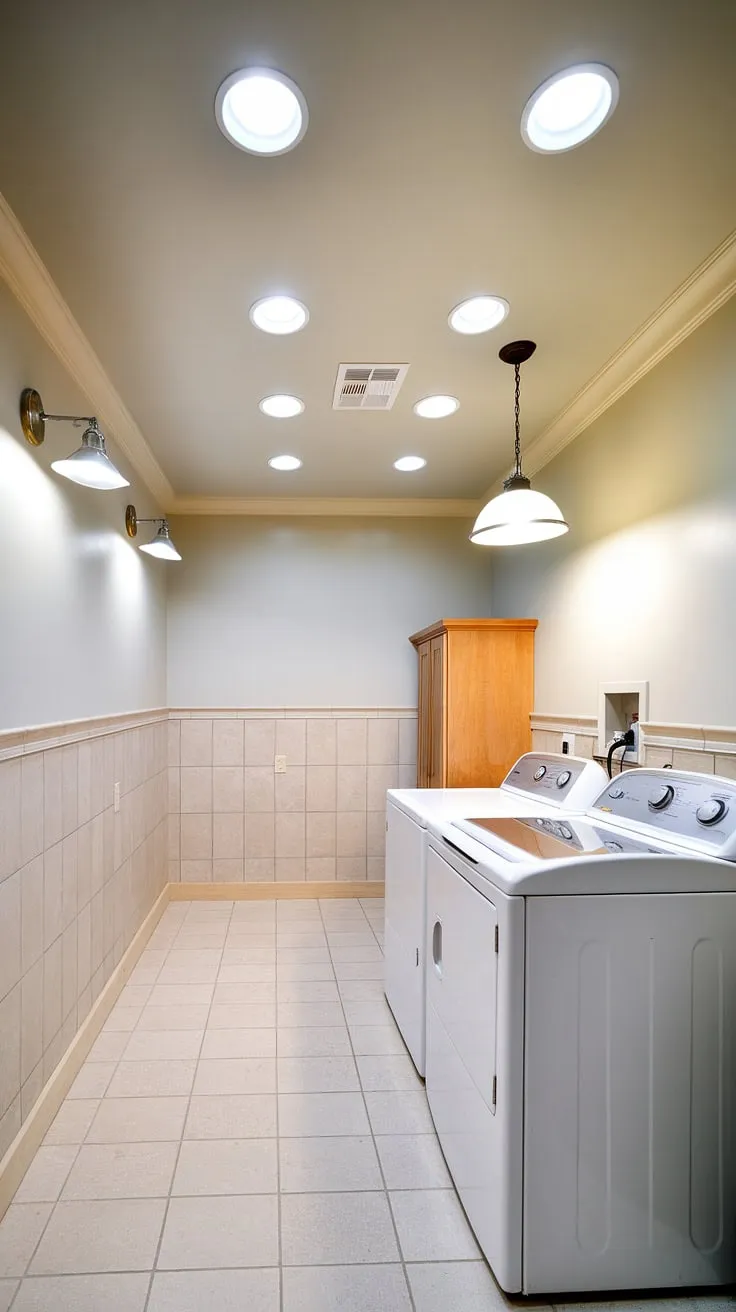 This laundry room's bright lights transform chores into a cheerful experience.  The strategic placement of laundry room recessed lighting, laundry room pendant lights, and laundry room wall lights, complemented by carefully chosen laundry room light bulbs, creates the perfect ambiance.  Every detail, from the laundry room ceiling lights to the laundry room light fixtures, contributes to the space's inviting and functional design.  The warm glow of the laundry room LED lights enhances the beige tile and gray walls, making even laundry day feel luxurious.