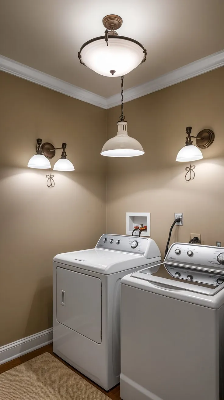 Transforming a mundane chore into a bright and airy experience.  This laundry room boasts a thoughtfully designed lighting scheme, featuring laundry room ceiling lights, a stylish laundry room pendant light illuminating the washer, and practical laundry room wall lights flanking the dryer.  The combination of laundry room light fixtures, including potentially laundry room LED lights or even laundry room recessed lighting, ensures optimal brightness, making laundry day a breeze.  The right laundry room light bulbs can make all the difference!