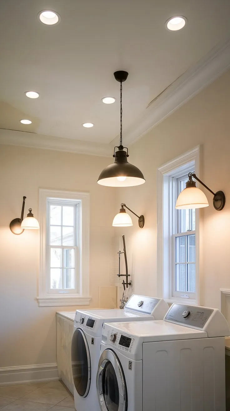 Transform your laundry routine with thoughtfully chosen laundry room lighting.  This space showcases the perfect blend of functionality and style, featuring laundry room pendant lights above the appliances, laundry room recessed lighting for overall brightness, and warm laundry room wall lights to create a welcoming ambiance.  The variety of laundry room fixtures, including different laundry room light bulbs, ensures optimal illumination for every task, from sorting clothes to folding laundry.  Bright laundry room lights make chores a breeze.