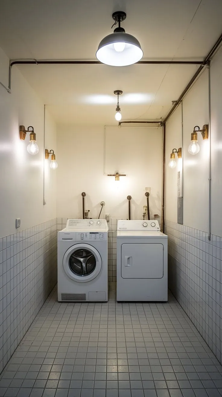 Transform your laundry routine with the power of light!  This laundry room boasts exceptional laundry room lighting, achieved through a combination of laundry room recessed lighting, laundry room pendant lights, and strategically placed laundry room wall lights.  The result?  Laundry room bright lights that banish shadows and create a cheerful, efficient workspace.  The careful selection of laundry room light fixtures and laundry room light bulbs ensures both style and functionality, making this laundry room a true highlight of the home.