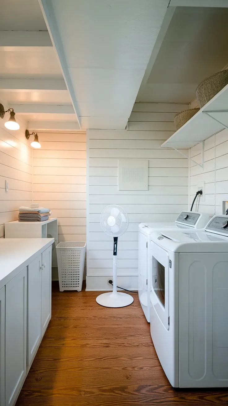 This bright and airy laundry room is a dream come true!  The combination of laundry room ceiling lights, recessed lighting, and strategically placed laundry room wall lights creates the perfect ambiance.  Every detail, from the sleek laundry room fixtures to the efficient laundry room LED lights, contributes to a space that's both functional and stylish.  The bright lights illuminate every corner, making laundry day a breeze.