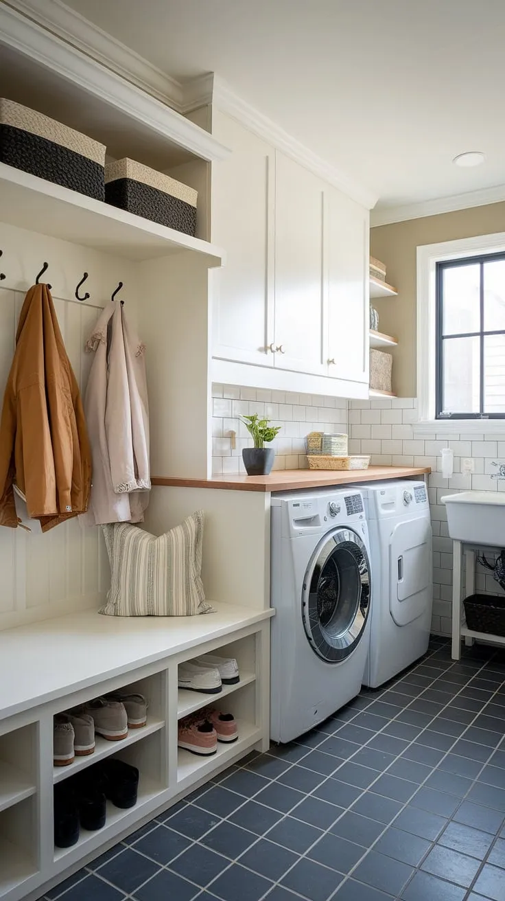 Dreamy laundry room ideas come to life in this stunning laundry and mudroom.  This laundry space effortlessly combines laundry room functionality with thoughtful mudroom design, featuring ample mudroom storage and a convenient utility sink. The efficient use of space makes this combined laundry and mudroom a true testament to laundry organization.  This laundry mud room combo is the perfect example of how to create a beautiful and practical utility room.