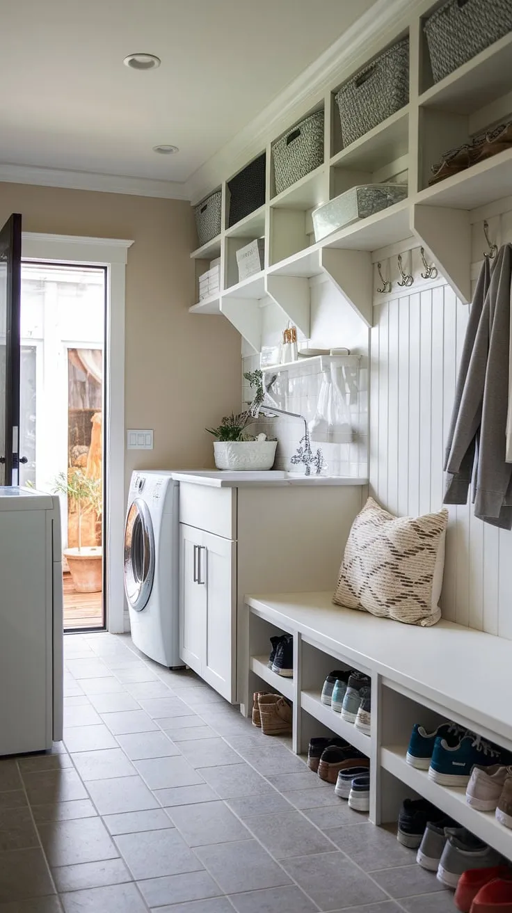 This combined laundry and mudroom is the ultimate space-saving solution!  Clever mudroom storage keeps shoes and coats organized, while the efficient laundry area ensures laundry day is a breeze.  This multifunctional laundry room showcases smart laundry organization and inspiring mudroom design ideas, transforming a utility room into a stylish and practical laundry space.