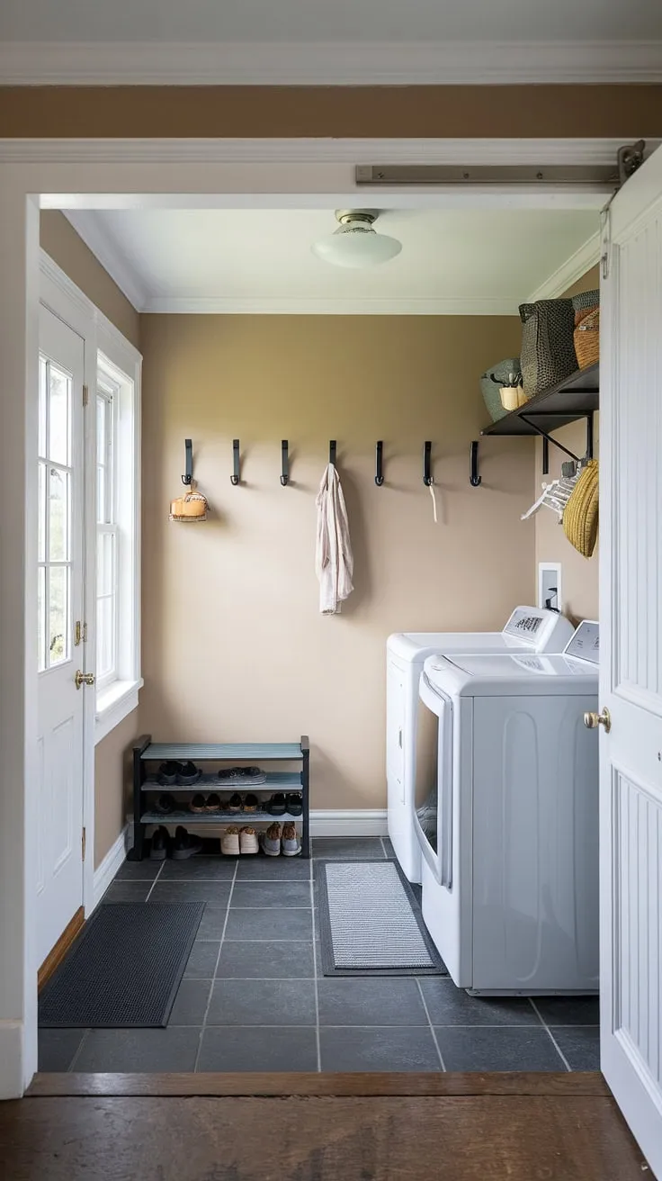 This combined laundry and mudroom is the ultimate space-saving solution!  Clever mudroom storage and laundry organization combine seamlessly in this multifunctional laundry room, maximizing efficiency and style.  The thoughtful mudroom design, complete with hooks and shoe storage, keeps everything tidy, while the bright laundry area makes chores a breeze.  This laundry room ideas showcase how a utility room can be both practical and aesthetically pleasing.