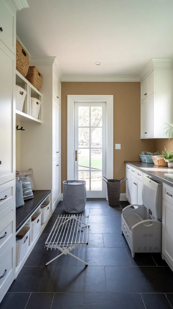 This multifunctional laundry room and mudroom combo seamlessly blends practicality and style.  The clever mudroom design, complete with ample mudroom storage and a convenient bench, effortlessly transitions into a well-organized laundry area, showcasing smart laundry organization solutions.  This laundry space is the epitome of laundry room ideas and mudroom ideas, maximizing functionality in a combined laundry and mudroom.