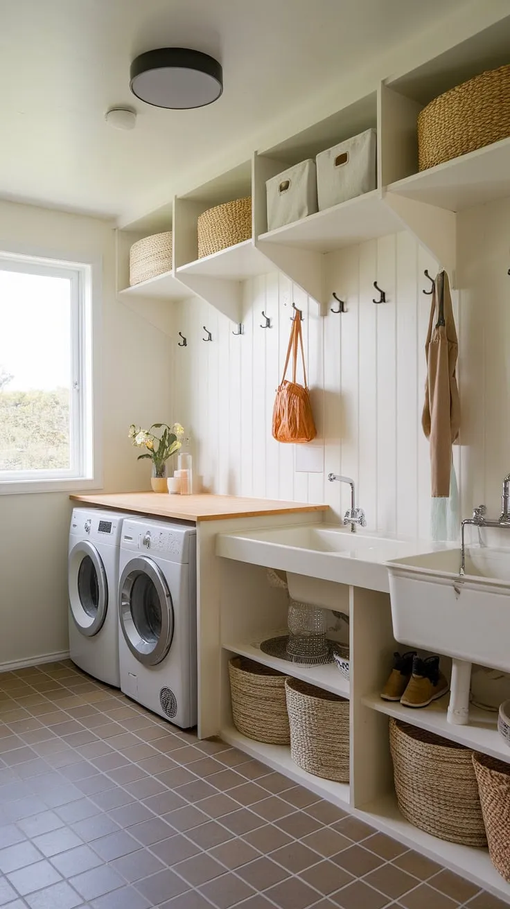 This multifunctional laundry room seamlessly blends practicality with style.  The combined laundry and mudroom design maximizes space with clever mudroom storage solutions, ample counter space, and thoughtful laundry organization.  From laundry room ideas to mudroom ideas, this utility room offers the best of both worlds, creating a truly efficient and inviting laundry area.