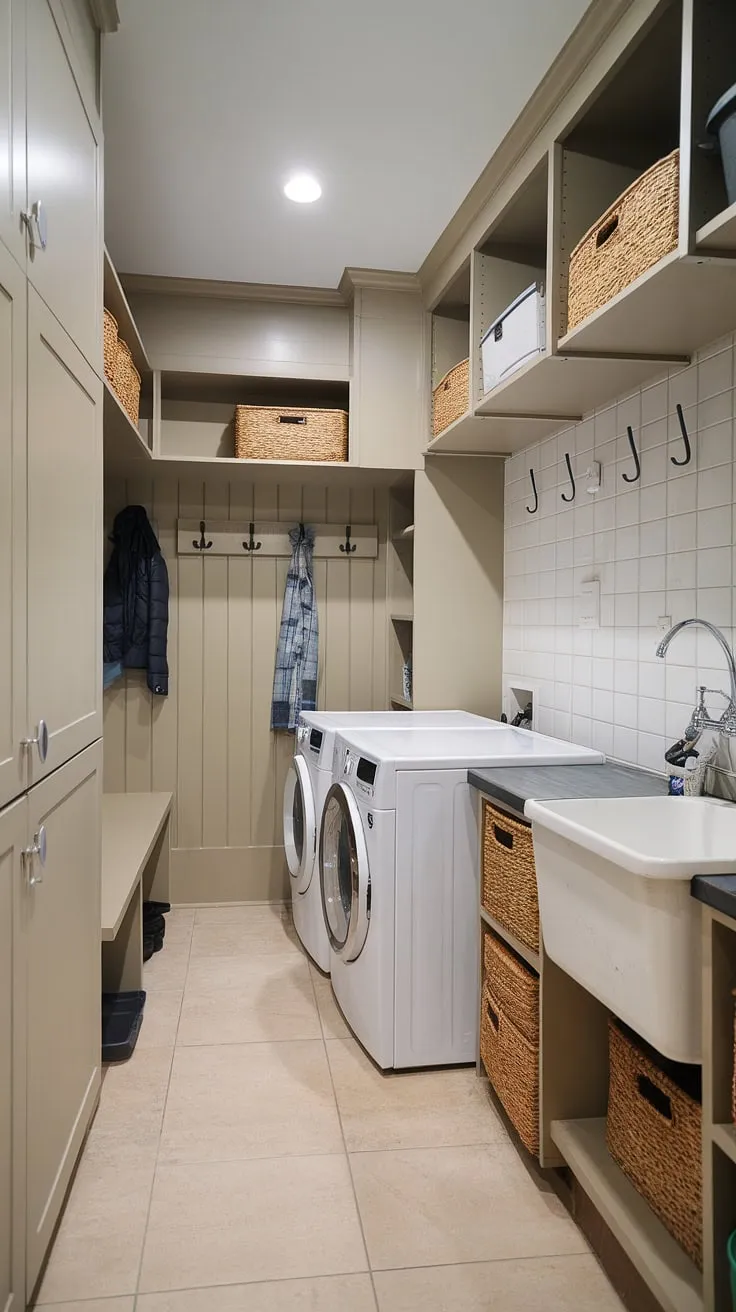 Dreamy laundry and mudroom combo! This laundry mud room combo boasts a stylish yet functional design, incorporating smart laundry space solutions and abundant mudroom storage.  The thoughtful laundry organization and clever use of cabinets make this laundry room a true highlight, showcasing the best of laundry room ideas and mudroom ideas.  A perfect example of a combined laundry and mudroom maximizing space and style.