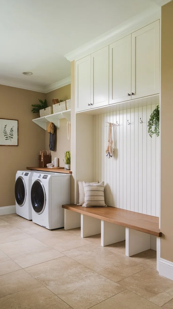 This combined laundry and mudroom is the epitome of functional elegance.  The seamless blend of laundry space and mudroom storage creates a truly multifunctional laundry room, maximizing efficiency and style.  Clever mudroom design and thoughtful laundry organization make this utility room a dream, showcasing how a laundry and mudroom combo can be both practical and beautiful.  Plenty of mudroom ideas and laundry room ideas are incorporated into this space.