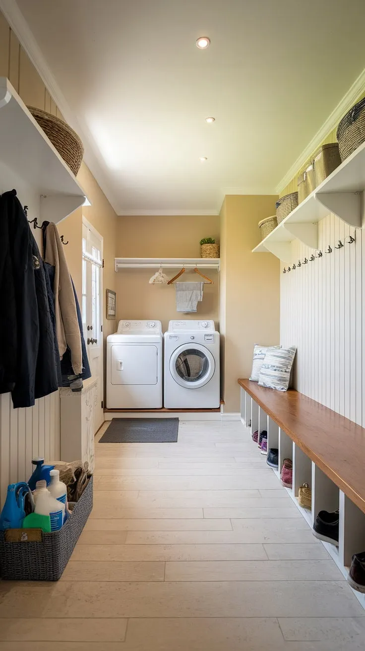 Bright, airy, and incredibly practical, this laundry mud room combo is a dream come true.  The seamless blend of laundry space and mudroom creates a streamlined and efficient laundry area.  Clever mudroom storage solutions, like the built-in bench and overhead shelving, complement the dedicated laundry room, offering a perfect balance of laundry organization and mudroom design. This multifunctional laundry room is a testament to smart utility room planning.