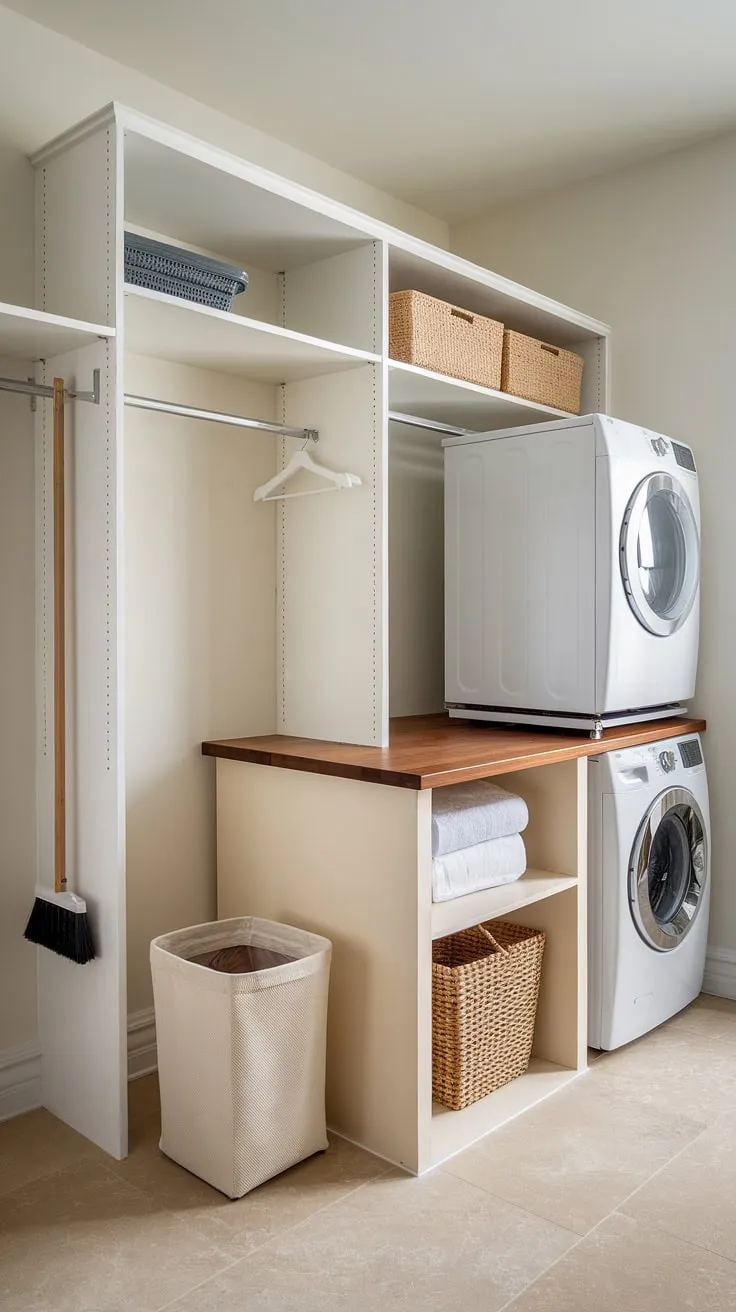 This elevated laundry pedestal transforms our laundry room from a chore zone to a stylish and functional space.  The added storage beneath the washer and dryer, combined with the ample shelving and hanging rod, maximizes our laundry room storage and creates a truly efficient laundry room organizer.  This laundry room furniture piece, including the washer pedestal and dryer pedestal, is the perfect laundry room accessories solution.