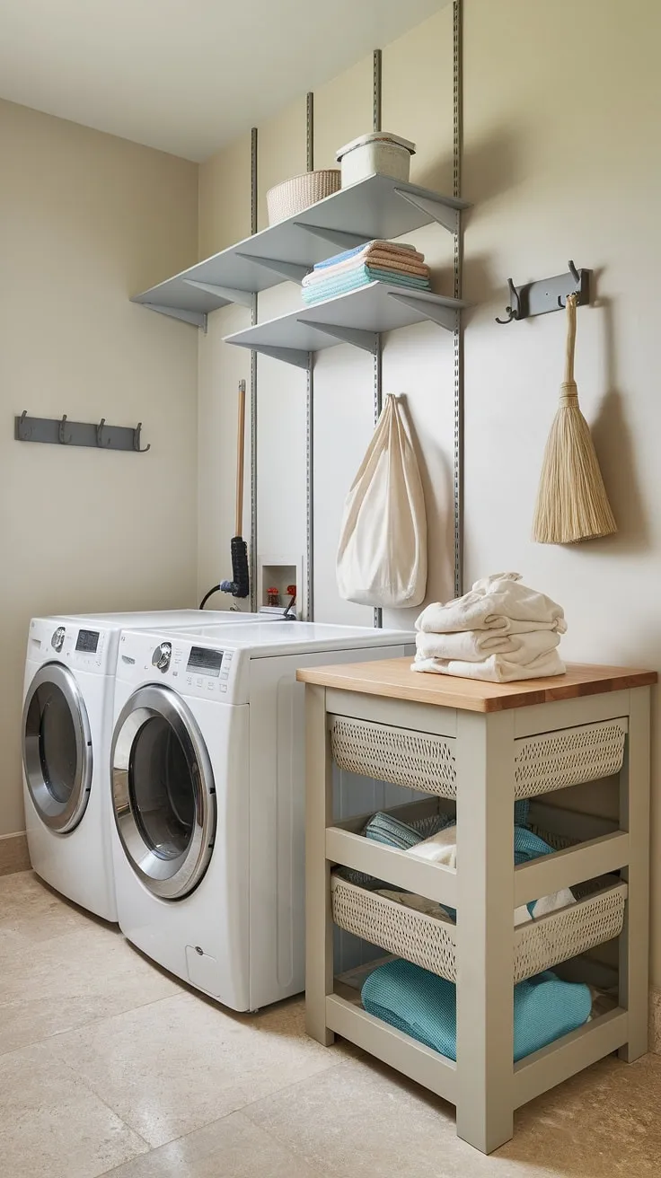 Maximize your laundry space and style with this thoughtfully designed laundry room.  The laundry storage pedestal, featuring a charming wooden top, serves as a laundry room organizer, holding everything from a laundry bag to a broom.  The combination of the laundry pedestal and ample shelving creates a functional and aesthetically pleasing laundry room furniture arrangement.  This elevated laundry pedestal is the perfect solution for convenient access and efficient laundry management.