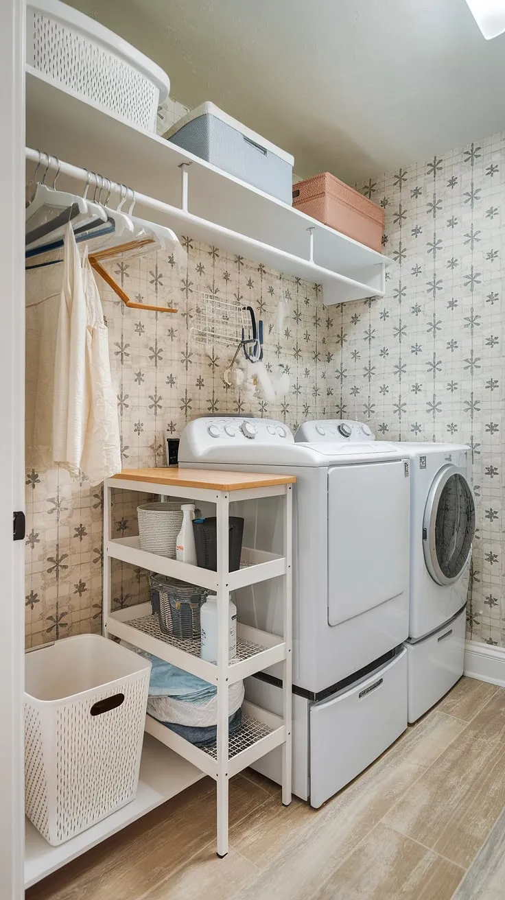 Effortless laundry routine achieved! This laundry room boasts a stunning laundry room pedestal, complete with a washer pedestal and dryer pedestal, offering convenient access and abundant storage.  The laundry room organizer, storage baskets, and thoughtful laundry room accessories complement the beautiful tile and light wood flooring, showcasing the perfect blend of form and function in this laundry room storage solution.