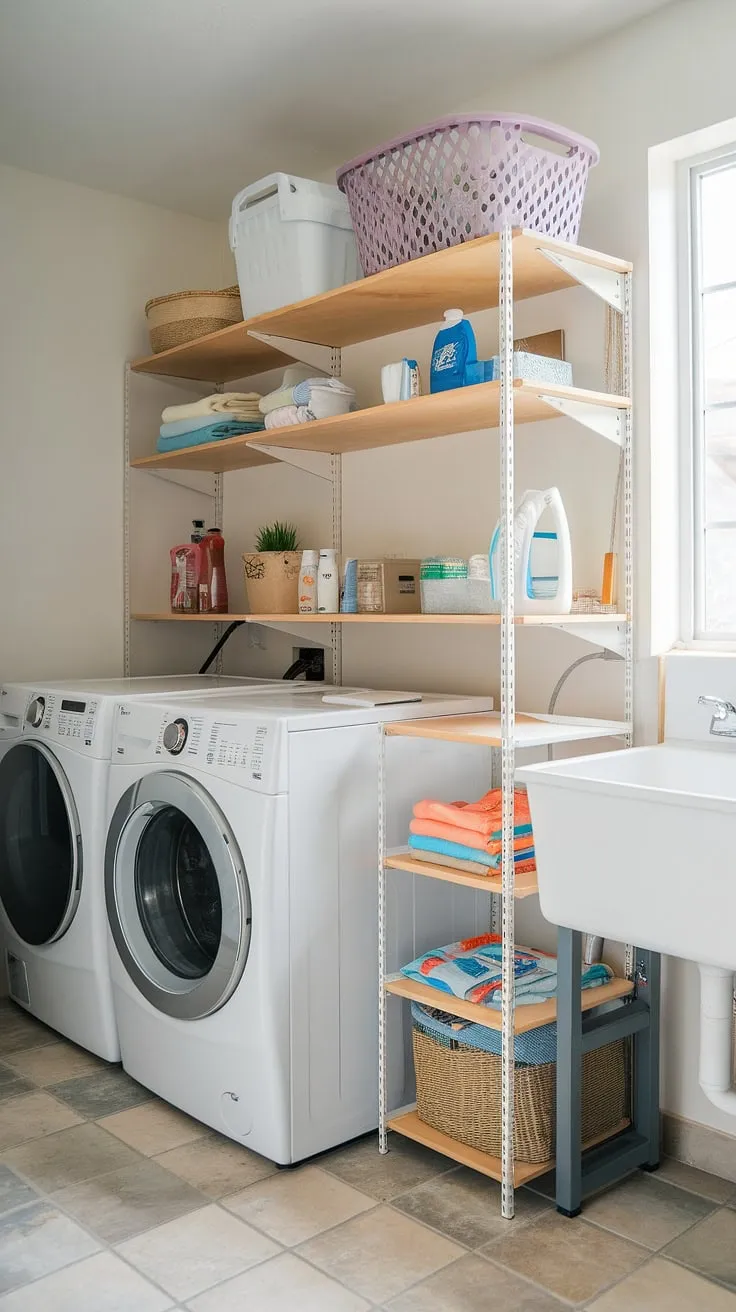 This elevated laundry pedestal transforms our laundry room from a chore zone into a stylish and functional space.  The ample shelves provide ingenious laundry room storage, keeping everything from cleaning supplies and laundry accessories neatly organized.  This laundry room furniture piece, a true laundry room organizer, makes the washer and dryer easily accessible while maximizing space with its clever design.  The combination of a washer pedestal and dryer pedestal creates a seamless and efficient laundry room storage pedestal.