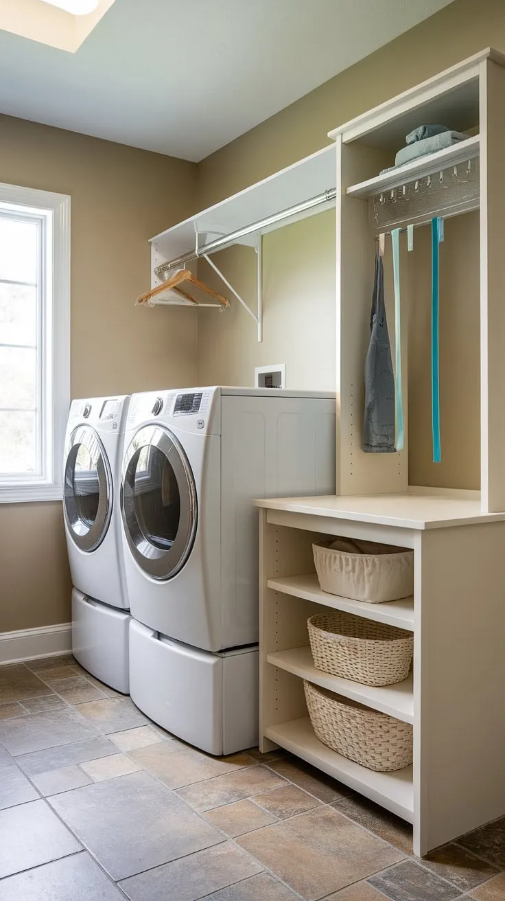 Maximize your laundry room's potential with this elevated laundry pedestal.  The added storage shelves, combined with a practical laundry room organizer and thoughtfully chosen laundry room accessories, transform this space into a highly efficient and stylish hub.  This laundry storage pedestal, perfectly complementing the washer pedestal and dryer pedestal, offers ample room for everything you need, making laundry day a breeze.