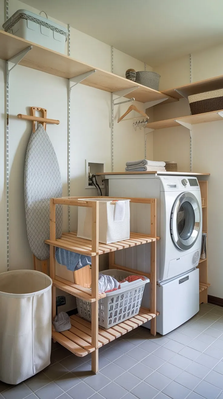This elevated laundry pedestal transforms laundry day from a chore to a stylish experience.  The ample laundry room storage, including shelves and a convenient spot for laundry accessories, maximizes space and keeps everything organized.  This laundry room furniture piece, a true laundry room organizer, seamlessly blends function and form, making this washer pedestal and dryer pedestal a must-have.