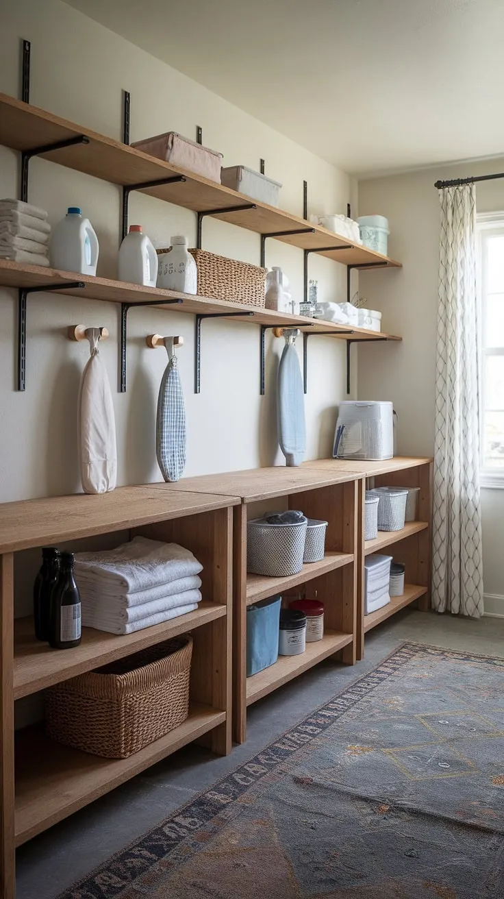This rustic laundry room boasts ample storage with its charming laundry room shelving units.  The functional laundry room shelves, perfect examples of laundry organization shelves and laundry storage shelves, keep everything neatly tucked away.  These decorative laundry shelves and shelving for laundry room offer clever laundry room storage solutions and inspiring laundry room shelving ideas for maximizing space and style.  Wall shelves for laundry room like these are a dream come true.