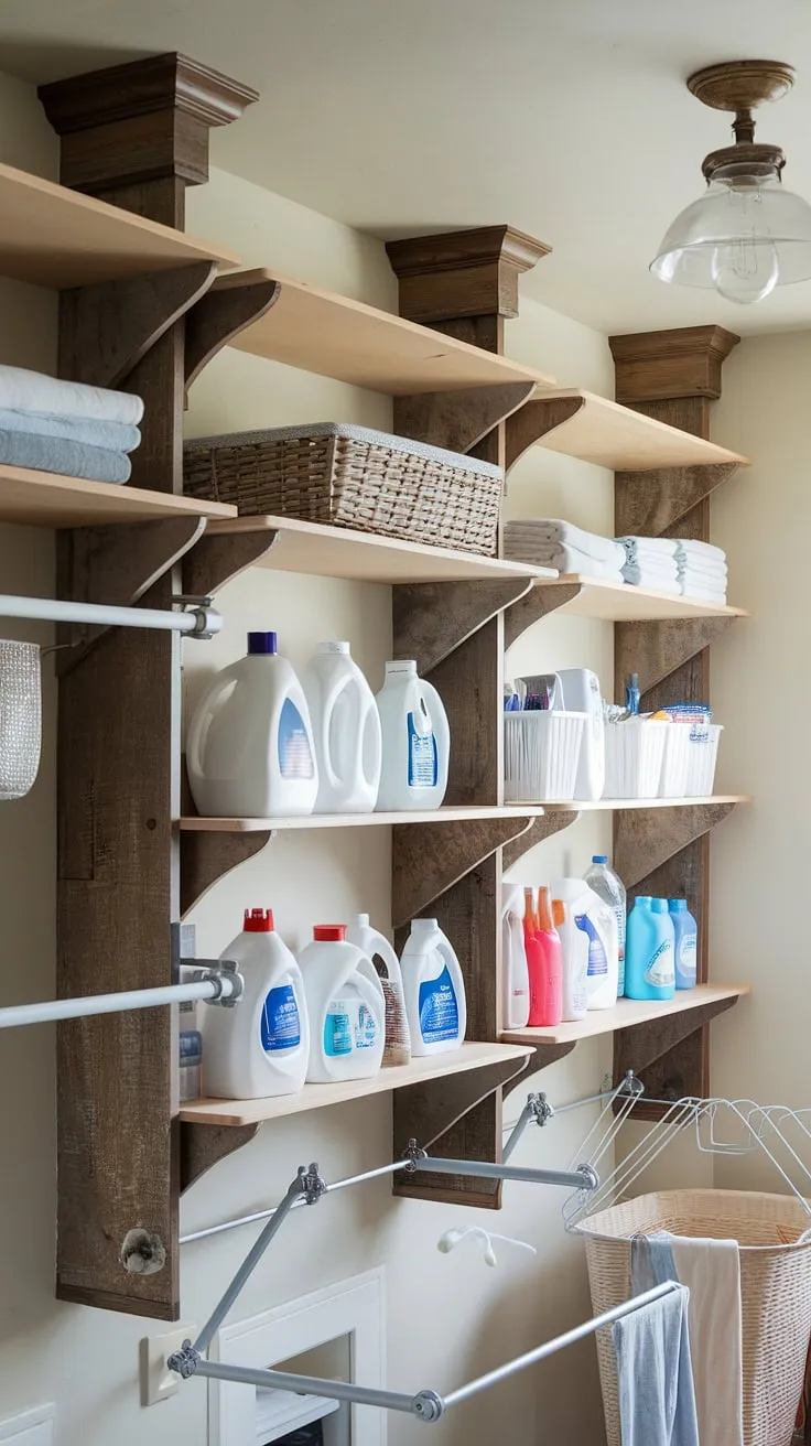 This rustic laundry room showcases the perfect blend of form and function.  The custom-built laundry room shelving units, offering ample laundry storage shelves and laundry organization shelves, maximize space and style.  These shelving for laundry room solutions, including wall shelves for laundry room, are not only functional laundry room shelves but also decorative laundry shelves, providing a charming and efficient laundry room shelving ideas.