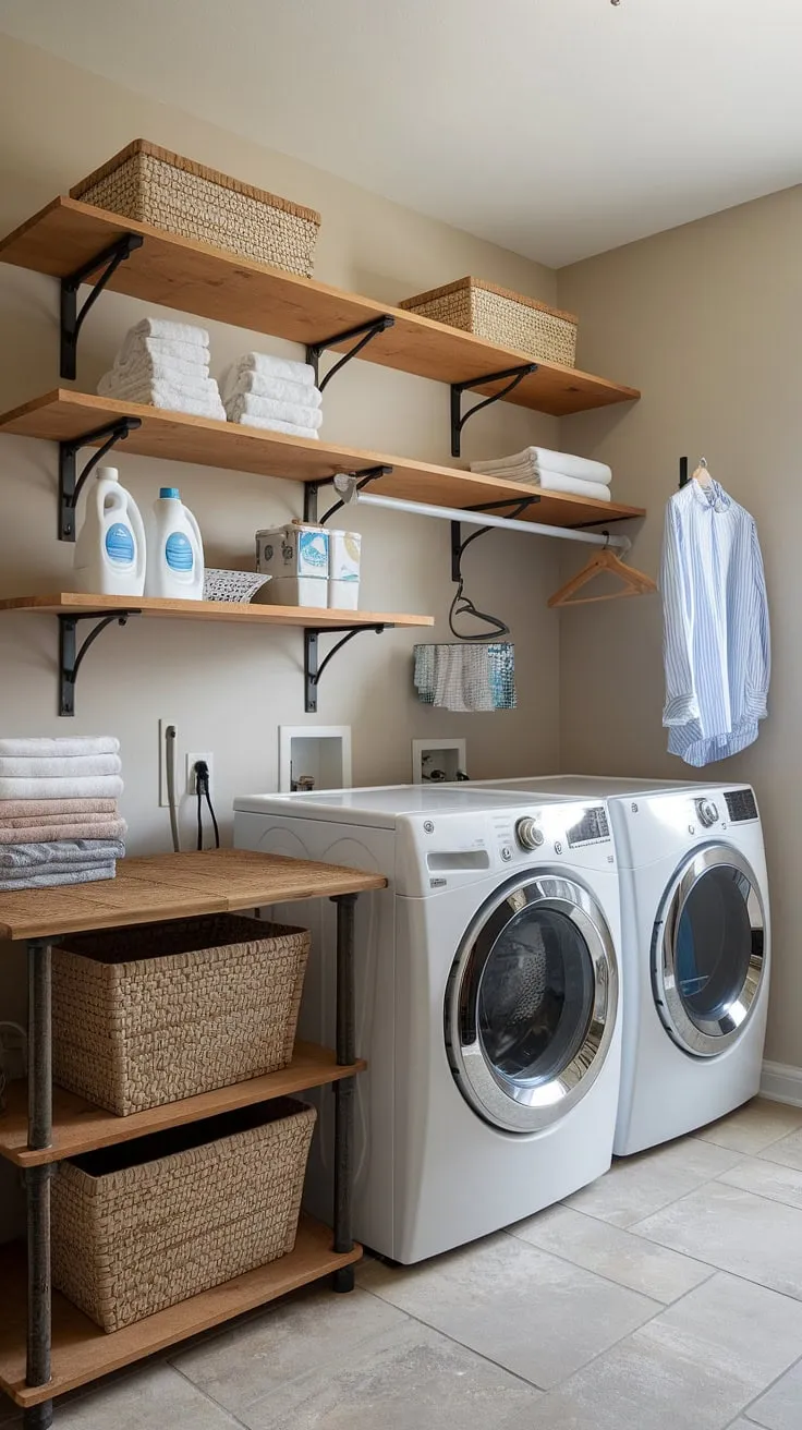 Maximize your laundry space with these functional laundry room shelves.  This rustic shelving for laundry room provides ample laundry storage solutions, keeping detergents, softeners, and ironing supplies neatly organized.  The wall shelves for laundry room offer a blend of style and practicality, showcasing laundry organization shelves that are both decorative laundry shelves and efficient laundry room shelving units.  Clever laundry room shelving ideas transform this space into a haven of laundry room storage.