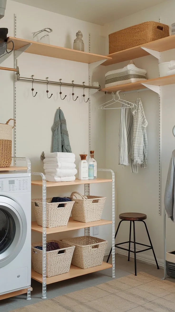 Maximize your laundry room's potential with these ingenious laundry room shelving ideas.  From wall-mounted shelves for hanging clothes to wooden shelves with baskets for laundry supplies, this space showcases the best in laundry room shelving units and laundry room storage solutions.  The combination of functional laundry room shelves and decorative laundry shelves creates a beautiful and efficient laundry organization shelves system.  These laundry storage shelves are the perfect example of how smart shelving for laundry room can make all the difference.