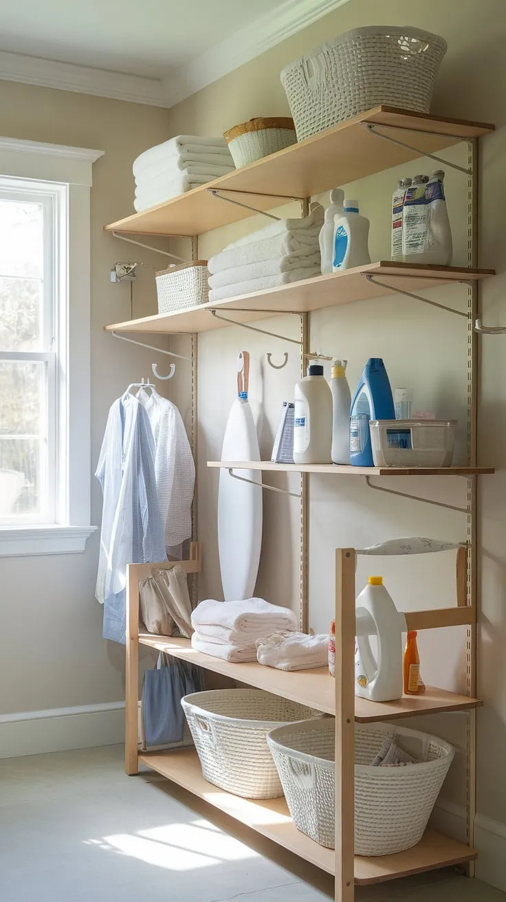 Sunlight streams into this organized laundry room, highlighting the beautiful and functional laundry room shelving units.  These decorative laundry shelves provide ample laundry storage shelves, offering clever laundry room storage solutions and showcasing smart laundry organization shelves.  The shelving for laundry room is a perfect example of laundry room shelving ideas, maximizing space and style.