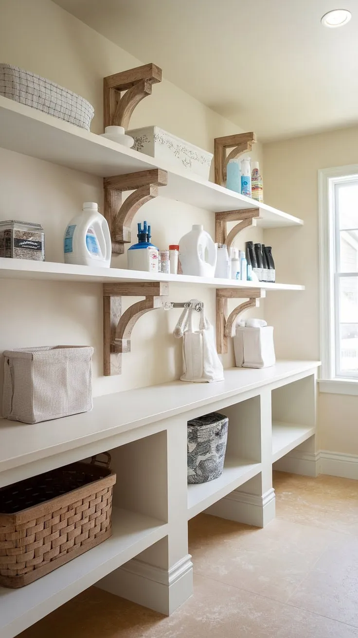This bright and airy laundry room boasts stunning laundry room shelving, a testament to smart laundry room storage solutions.  The carefully chosen laundry storage shelves and  wall shelves for laundry room create a space that's both functional and aesthetically pleasing. These decorative laundry shelves offer a wealth of laundry room shelving ideas, transforming ordinary laundry room shelving units into a charming focal point.  The result?  Efficient laundry organization shelves that are as beautiful as they are practical.