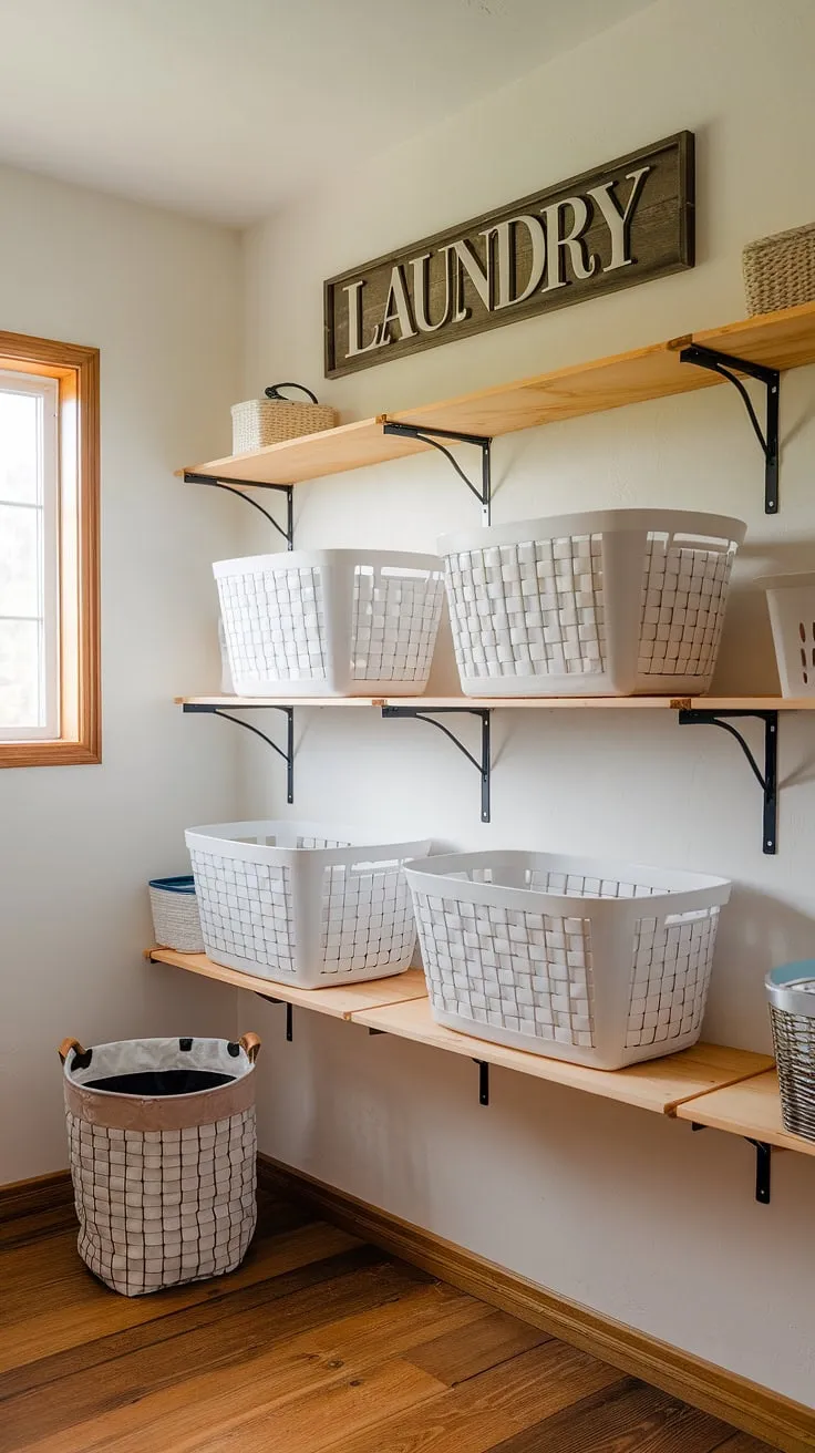 Maximize your laundry room's potential with these stunning laundry room shelving units.  The rustic wood and carefully planned design create a beautiful and efficient laundry room storage solutions.  These functional laundry room shelves, complete with decorative laundry shelves and a charming sign, offer a practical and stylish approach to laundry organization shelves.  The wall shelves for laundry room are a perfect example of smart laundry room shelving ideas, showcasing the versatility of shelving for laundry room.
