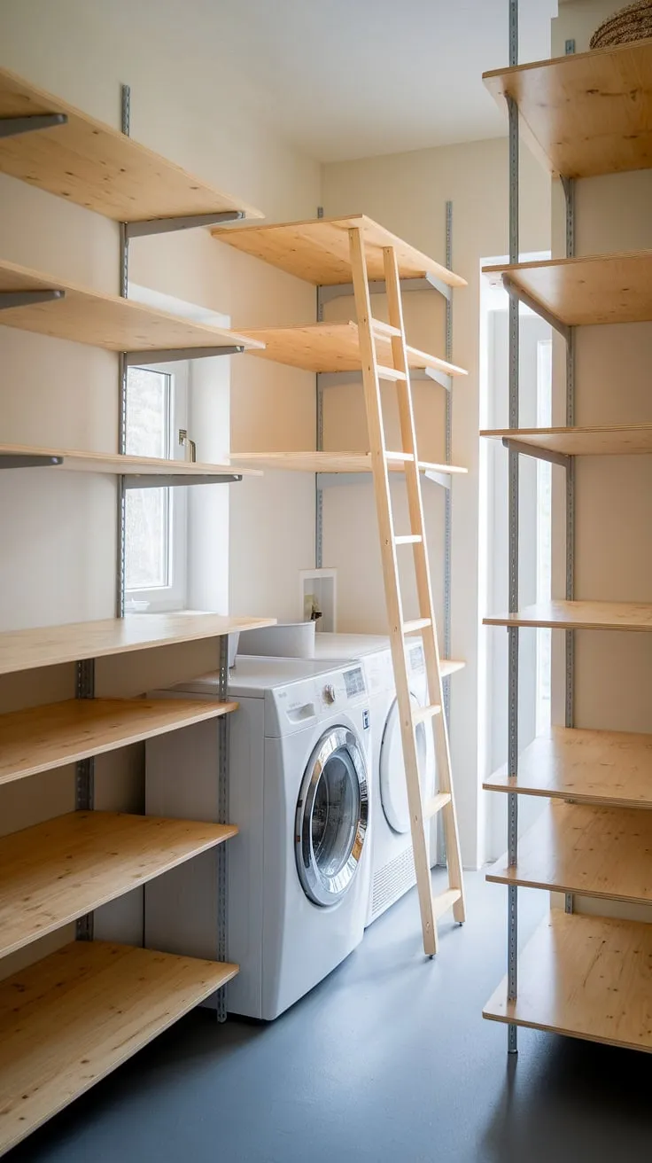 Maximize your laundry space with this stunning display of laundry room shelving.  These functional laundry room shelves, including wall shelves for laundry room and laundry room shelving units, offer ample laundry storage shelves and laundry organization shelves, providing the perfect laundry room storage solutions.  The decorative laundry shelves add a touch of charm while the shelving for laundry room ensures everything is within easy reach.