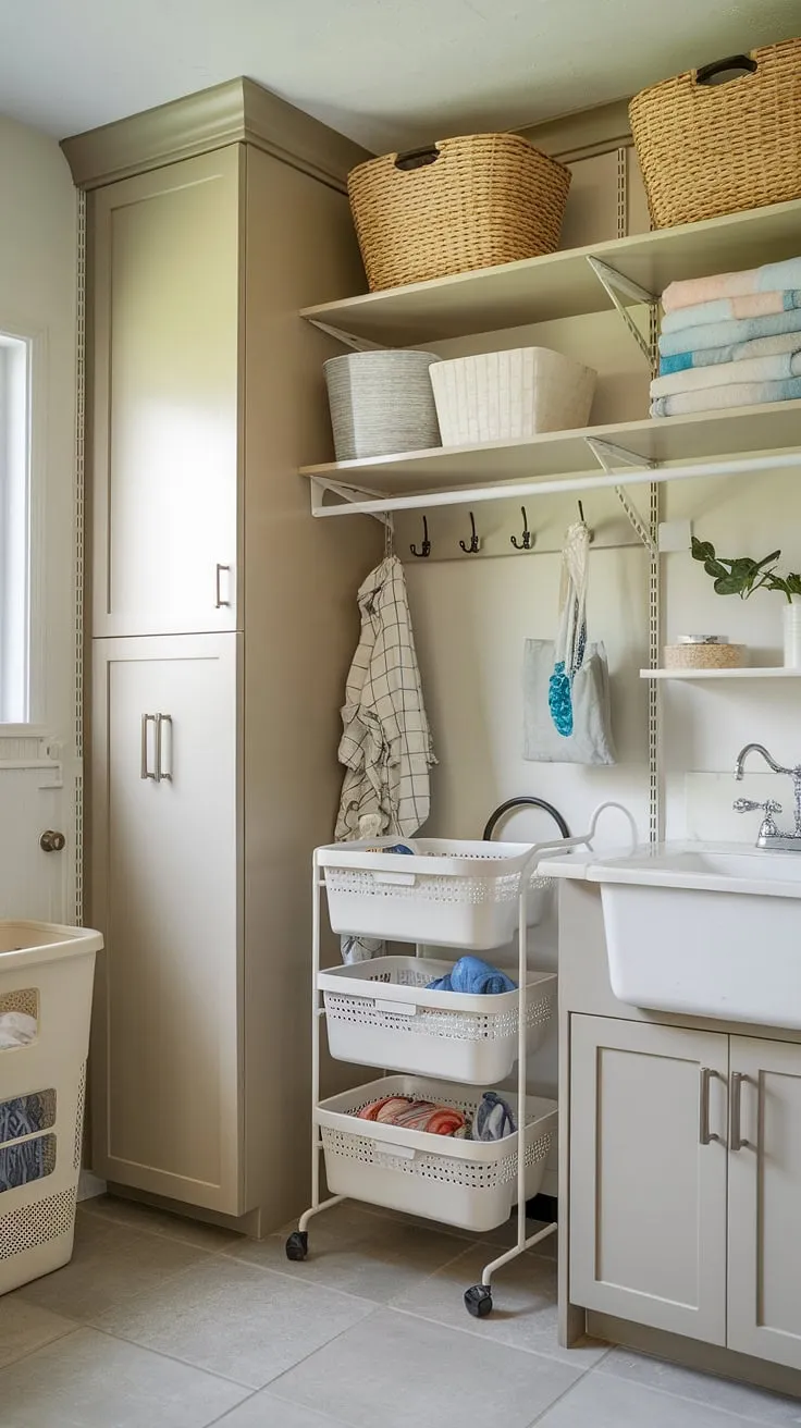 Laundry room organization goals! This perfectly planned space showcases the power of smart laundry room furniture and storage.  From dedicated laundry room cabinets and shelving to practical laundry room baskets and storage bins, every item has its place.  The addition of laundry room hooks, racks, and a laundry room cart provides effortless functionality.  This laundry room design is a masterclass in laundry room space-saving and decluttering, offering a wealth of laundry room ideas for your own home.