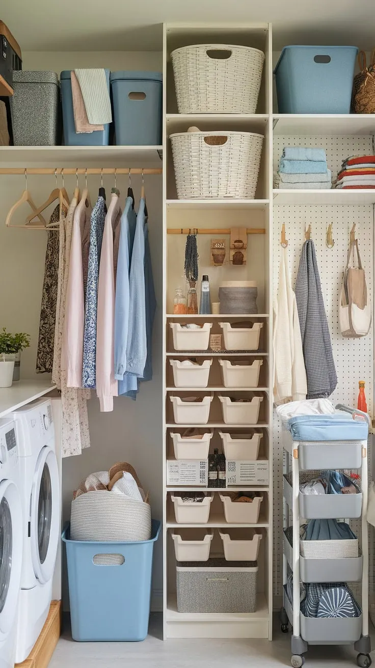 Transform your laundry room from chaos to calm with smart laundry room organization!  This space showcases clever laundry storage solutions, from versatile laundry room shelving and cabinets to space-saving laundry room baskets and a handy laundry room cart.  Maximize your laundry room space with thoughtful laundry room design, incorporating practical laundry room accessories like hooks and racks for effortless laundry room decluttering.  Find inspiration for your own laundry room ideas and create a functional and stylish haven.