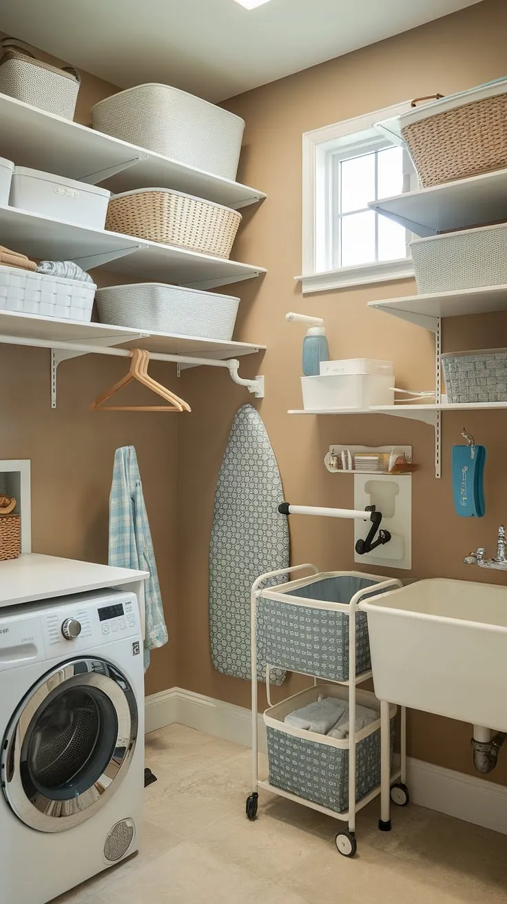 Achieve the laundry room of your dreams with these inspiring laundry room ideas!  This design expertly integrates laundry room furniture, including laundry room cabinets and racks, to create a seamless and organized space.  Maximize your laundry room space-saving potential with versatile laundry room storage bins, practical laundry room hooks, and a convenient laundry room cart.  This laundry room organization system is the perfect blend of style and functionality, showcasing the power of effective laundry room decluttering and smart laundry room shelving.