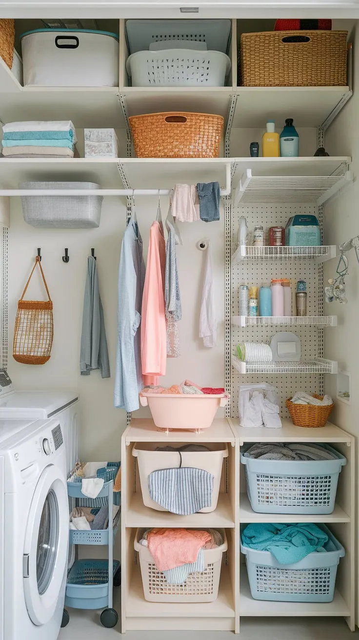 This laundry room is a testament to efficient design and smart storage.  Clever use of laundry room shelving, cabinets, and baskets maximizes space, while thoughtful laundry room accessories like hooks and a rolling cart keep everything organized and within easy reach.  The result? A functional and stylish laundry room that's the epitome of laundry room decluttering and space-saving solutions.  This is laundry room organization at its finest, offering plenty of laundry room ideas for your own home.
