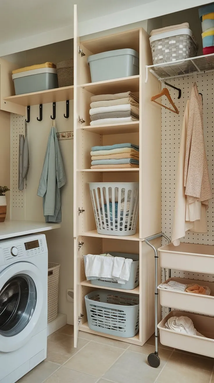 Achieve the laundry room of your dreams with these inspiring laundry room ideas.  This thoughtfully designed space utilizes efficient laundry room storage solutions, including custom laundry room cabinets, versatile laundry room shelving, and convenient laundry room racks.  Declutter and optimize your space with laundry room baskets, a laundry room cart, and strategically placed laundry room hooks.  Discover the perfect blend of form and function in this laundry room design, showcasing space-saving techniques and essential laundry room accessories.