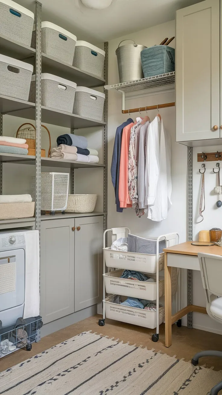 Laundry room dreams are made of this!  This thoughtfully designed space showcases the best in laundry room organization and laundry room storage solutions.  From the clever use of laundry room shelving and laundry room cabinets to the practical laundry room carts and hanging laundry room racks, every detail is considered.  Laundry room baskets, laundry room hooks, and laundry room storage bins keep everything neat and tidy, while the overall design offers inspiring laundry room ideas for maximizing space and minimizing clutter.  Achieve laundry room decluttering and create your own haven with these simple yet effective laundry room space-saving strategies and laundry room furniture choices.